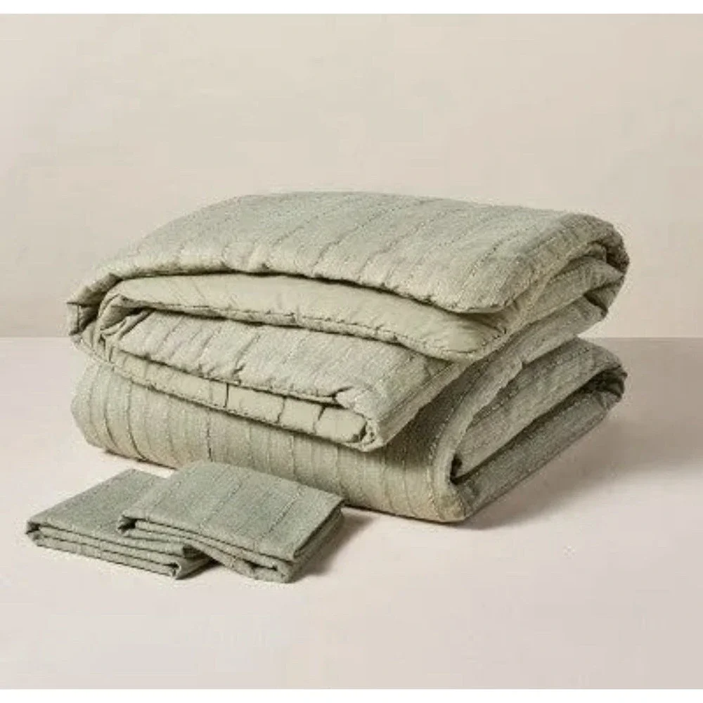 Hearth & Hand 3pc Full/Queen Washed Loop Stripe Duvet Bedding Set - Sage Green